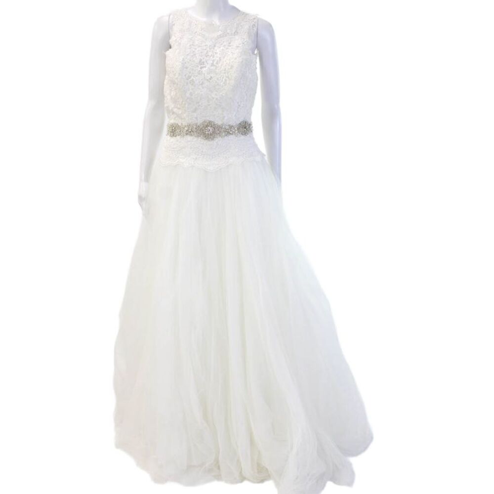 Madeline Gardner Womens Sleeveless Lace-Detail Full Length Wedding Dress White